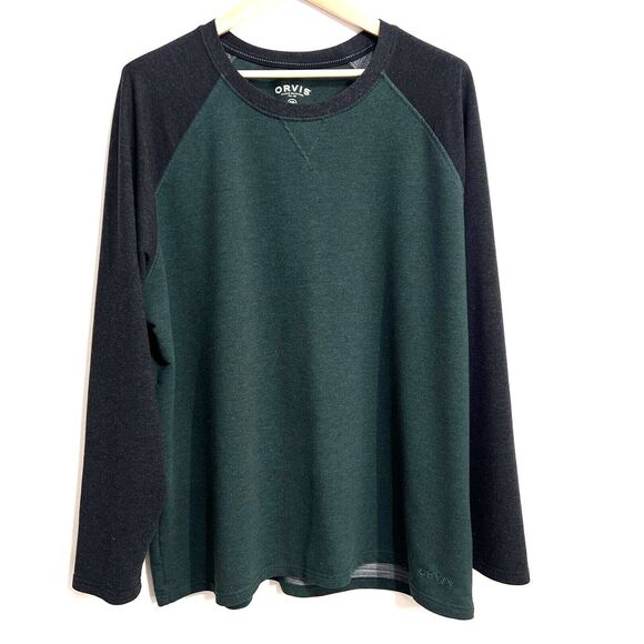Orvis T-Shirt Mens 2XL Long Sleeve Raglan Green Black Crew Neck Embroidered Logo - Picture 1 of 9